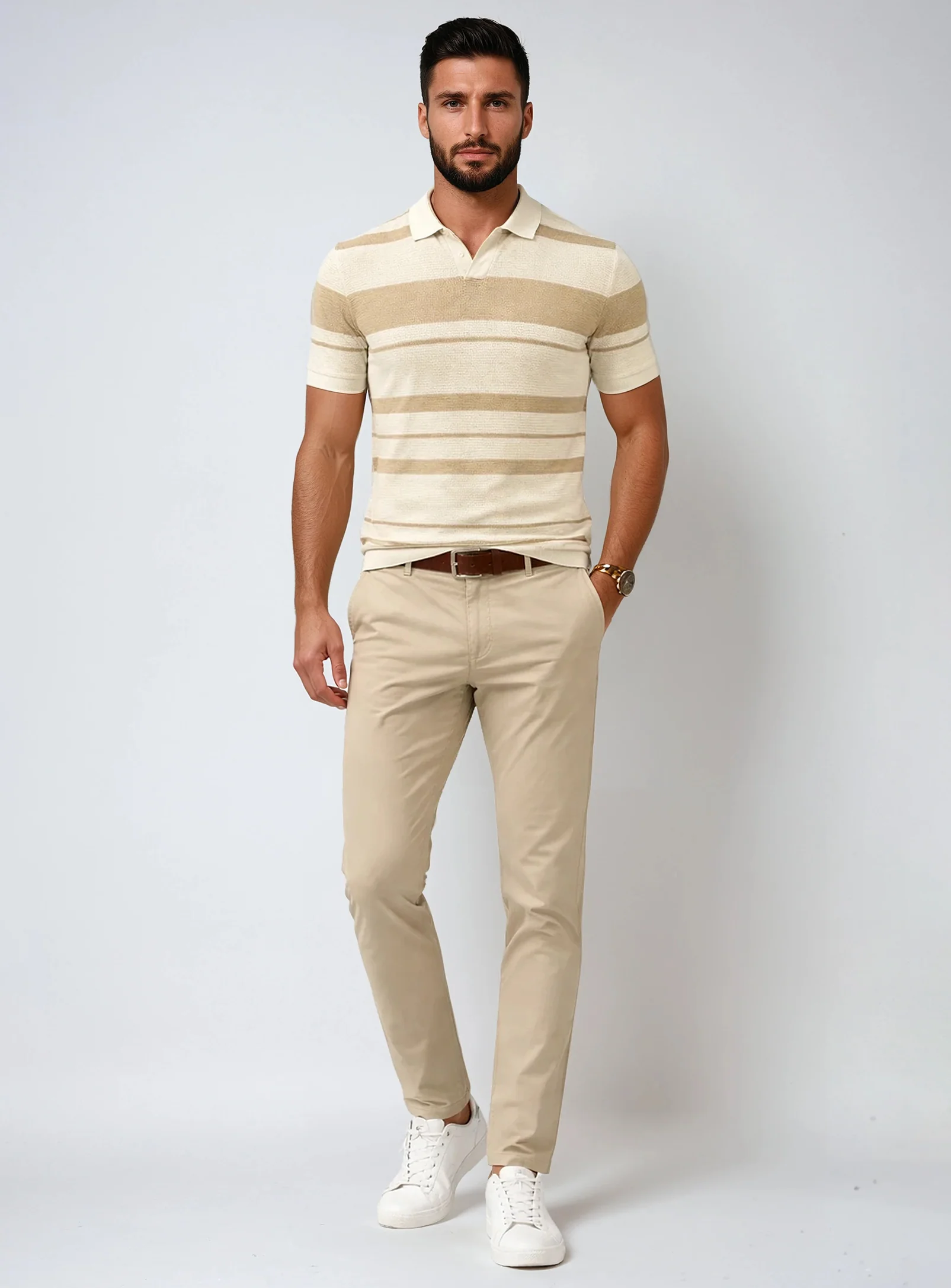 ADAM | Semi-fit textured knit cotton polo with horizontal stripe || ADAM | Polo en coton texturé à rayures horizontales - Image 3