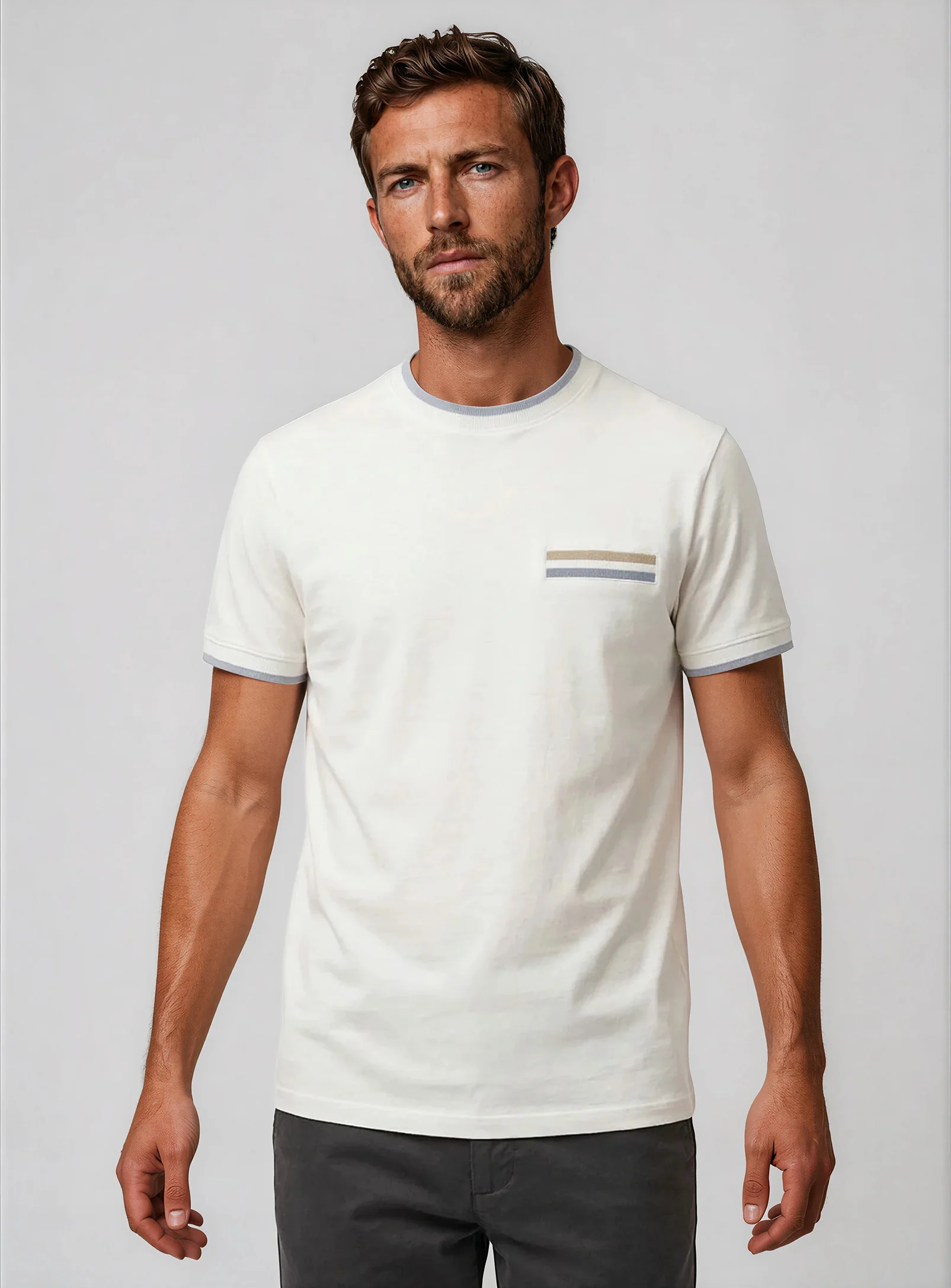 DYLAN | cotton t-shirt with rib neck and chest faux rib pocket || DYLAN | T-shirt col rond en coton avec col côtelé et fausse poche poitrine côtelée - Image 7