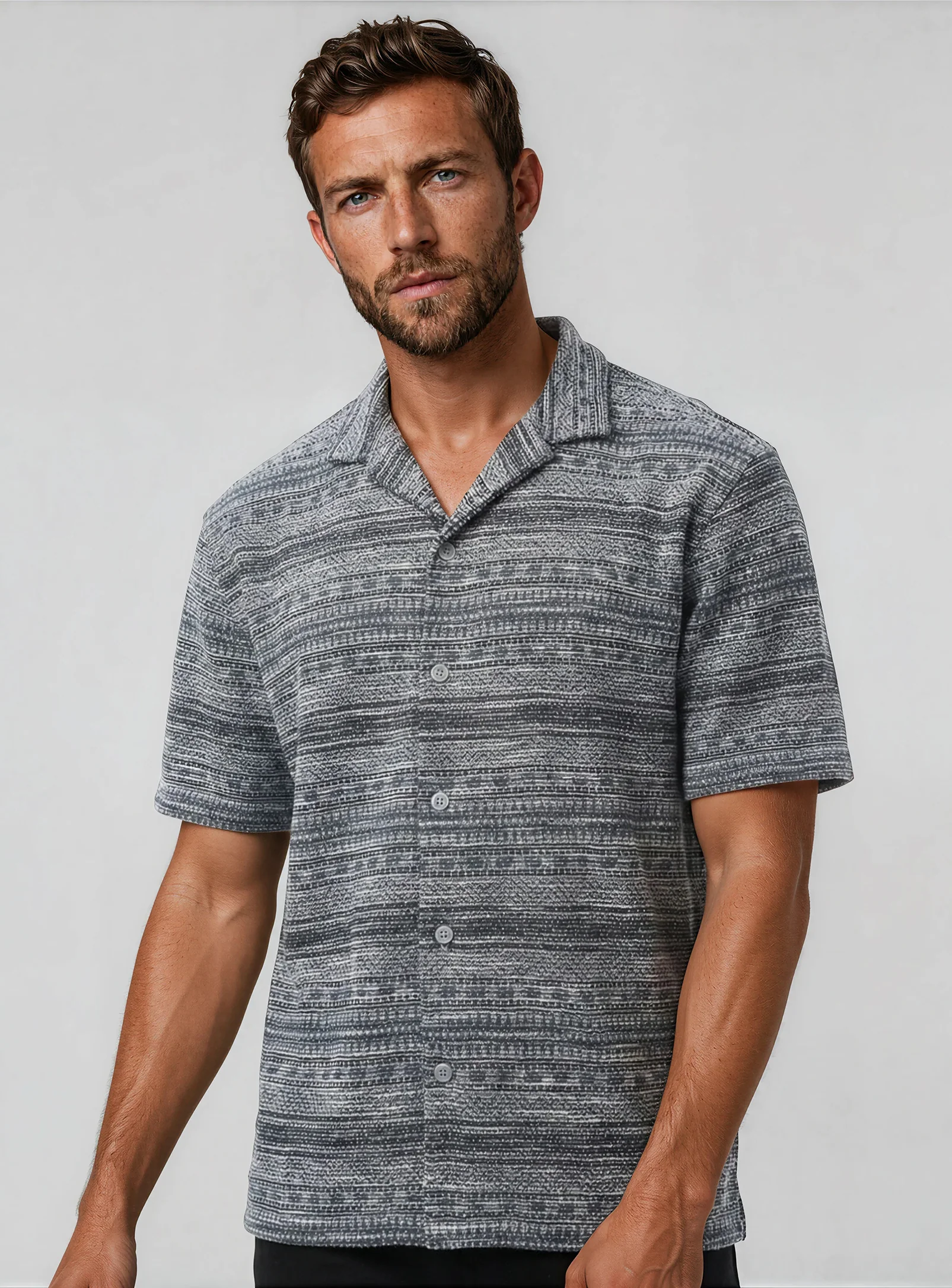 RAYN | Textured Knit Cuban Collar Shirt || RAYN | Chemise en maille texturée à col cubain