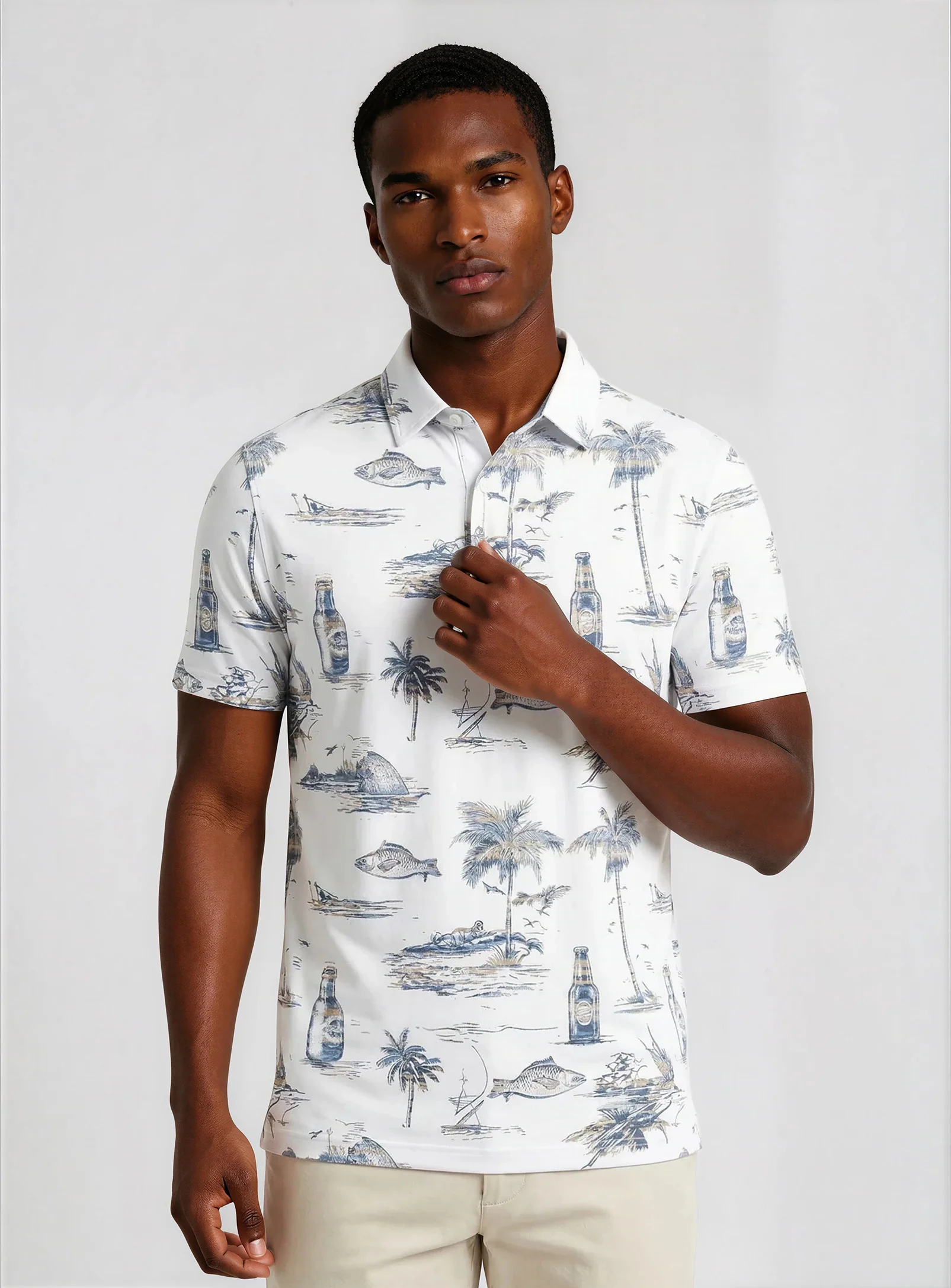 RYDER | Semi-fit jersey polo with all-over beer & coastal print || RYDER | Polo semi-ajusté en jersey polycoton imprimé bière & bord de mer